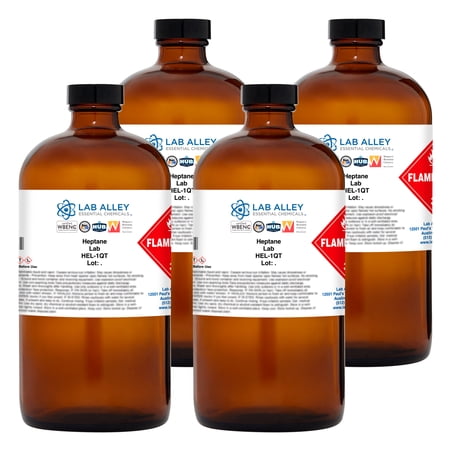 Lab Alley n-Heptane Chemical Solvent, 99.9% High Purity Grade, Pack of 4 x 1 Quart Bottles