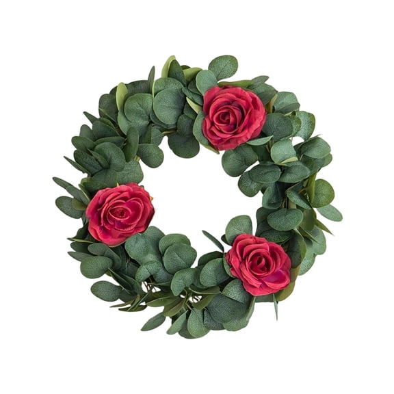 Tunhigl 17 Inches Artificial Floral Wreath with Rose Accents Lifelike Greenery Front Door Wall Decor All Seasons Indoor Outdoor Home Decor Red
