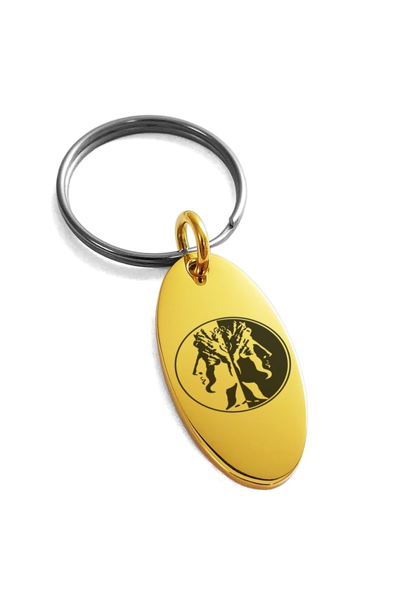 Stainless Steel Janus Greek God of Beginnings Engraved Small Oval Charm Keychain Keyring