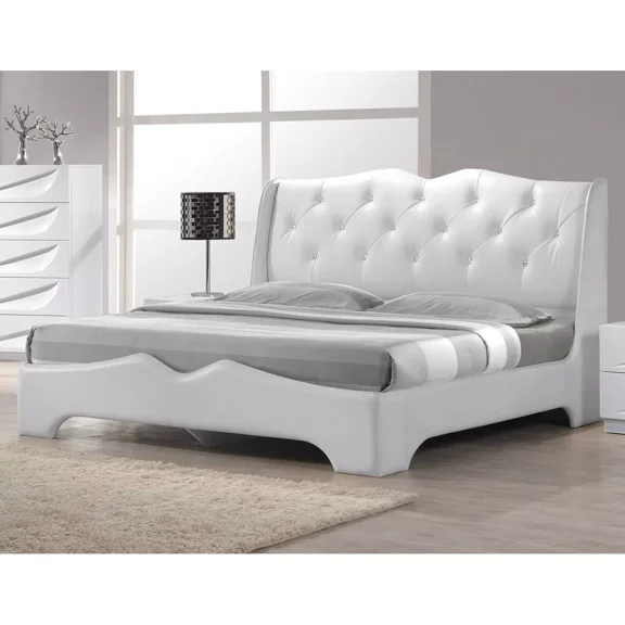 Upholstered Queen Size Platform bed, Faux Leather Upholstered Bed with Crystal Tufted, White