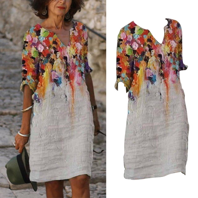 UANWENN Robe à Col en V Imprimée à Manches Longues de Longueur Moyenne pour Femmes Grande Taille, Robe de Fête Grande Taille, Robes de Fête, Robes de Soirée et Robes de Cérémonie pour Femmes, Robe en Satin, Robe Courte, Robe Haut, Grande Taille