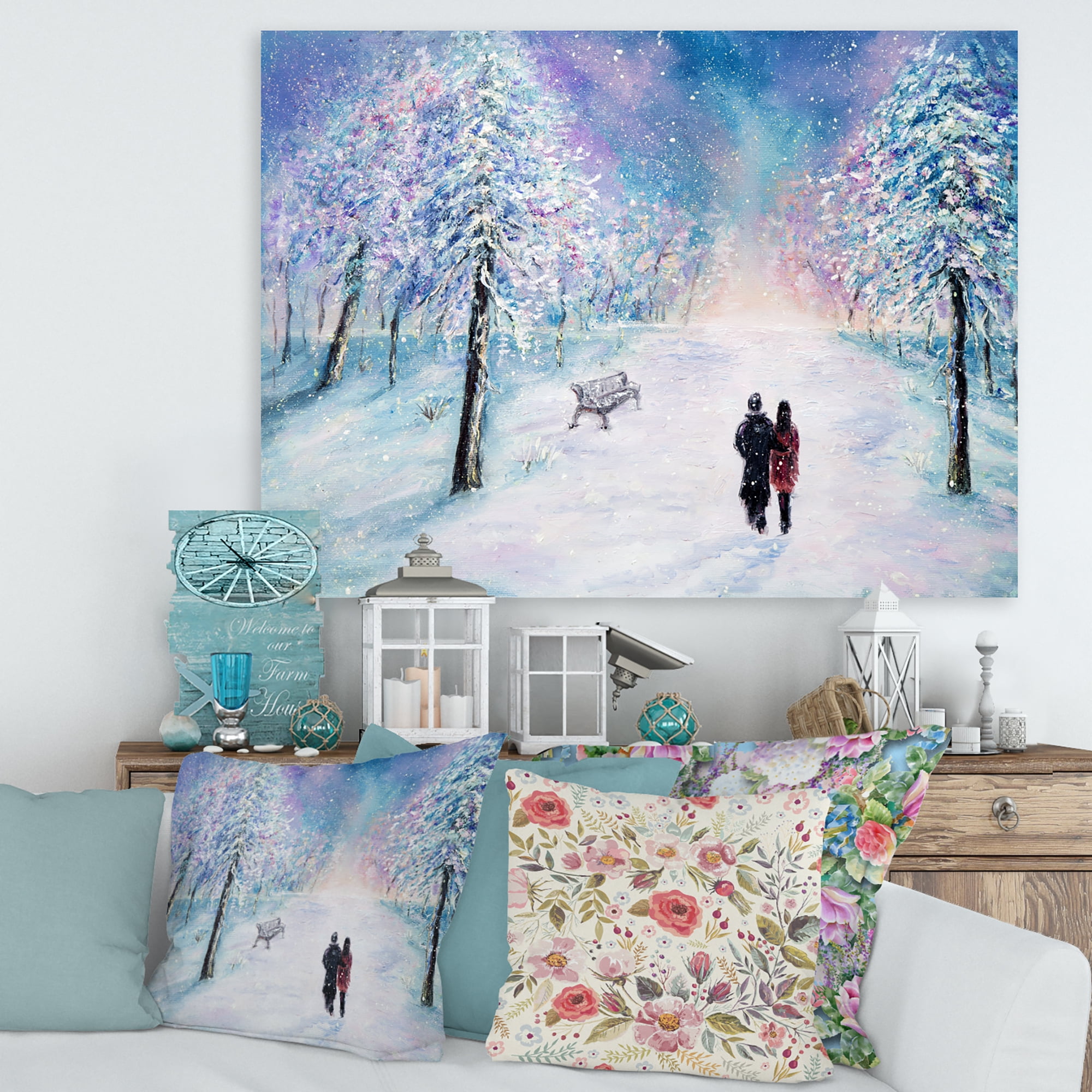 Designart ' Couple In Love Walks During Snowy Winter Times ' Traditional Canvas Wall Art Print