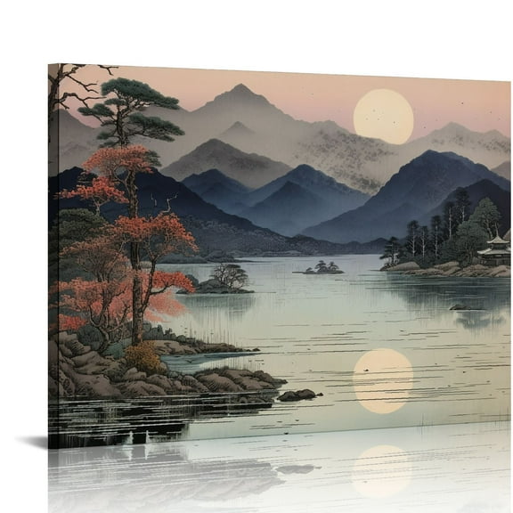 JRXY  Large Abstract Mountain Canvas Wall Art, Nature Landscape Emerald Bay Prints Painting, Blue Green Lake Forest Tree Sunset Poster, Boho Rustic Wall Decor For Living Room 20x16in