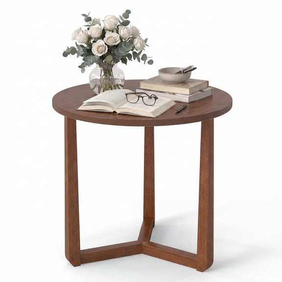 Patiojoy 22.5" Round Farmhouse Side Table Compact End Table with Rubber Wood Legs and Stable Triangular Frame