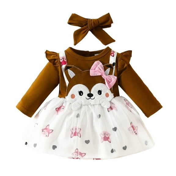 Girl Dresses Long Sleeve Cartoon Prints Dress Princess Dresses Clothes Headbands Set Toddler Dress Brown 9 Months-12 Months