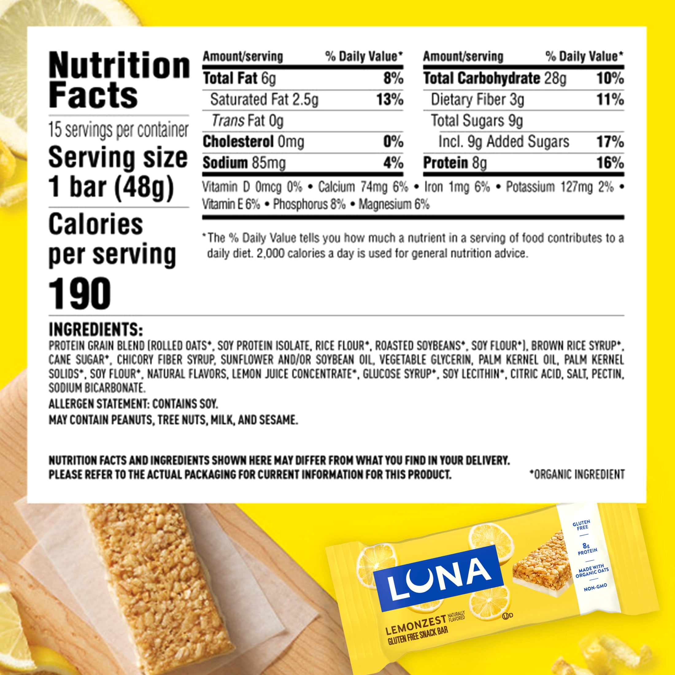 (4 pack) LUNA LemonZest Flavor Gluten Free Snack Bars, Protein Bars, Value Pack, Mother's Day Gift, 12 count