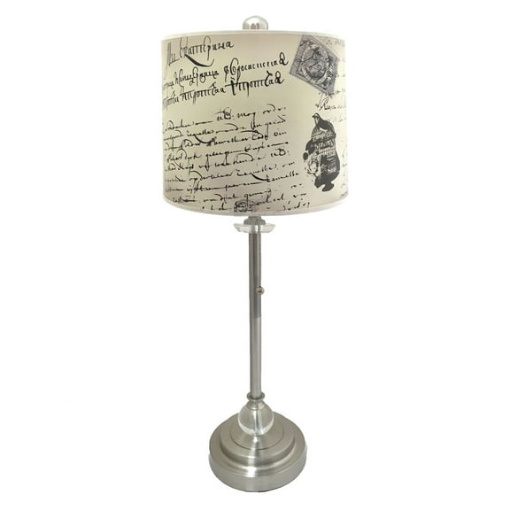 Royal Designs 28" Crystal and Brushed Nickel Buffet Lamp with Vintage Letter Caligraphy Design Hard Back Lamp Shade