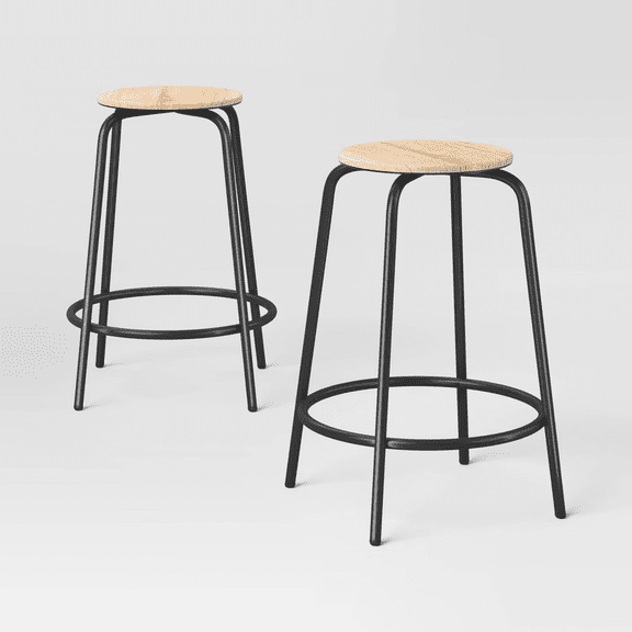 2 Pack 24 Inch Counter Height Backless Bar Stools, Wood Seat with Metal Frame, Kitchen Island Counter Stools