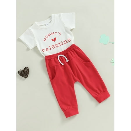 

Valentine\ s Day Baby Outfit Summer Letter Print Short Sleeve T-shirt Stretch Casual Pants Set for Infant Girls Boys (White 2-3 Years)