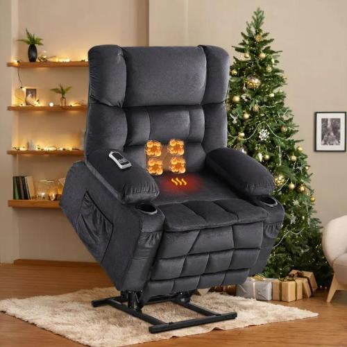 Dual Motor Power Lift Recliner Chair with Heat & Massage, Lay Flat Lift Chair for Tall People, Elderly Recliner with USB & Cup Holders, Grey