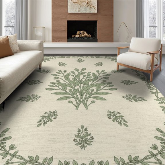ODIKA 8'x10' Washable Area Rug Non-Shedding, Easy Care, Entry Welcome Farmhouse Vine Border Botanical Trailing Sprigs Door Flowing for King Size Bedroom Under Bed, Master Suite