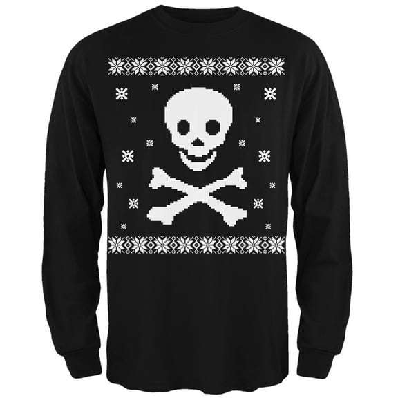 Big Skull & Crossbones Ugly Christmas Sweater Black Adult Long Sleeve T-Shirt - Large