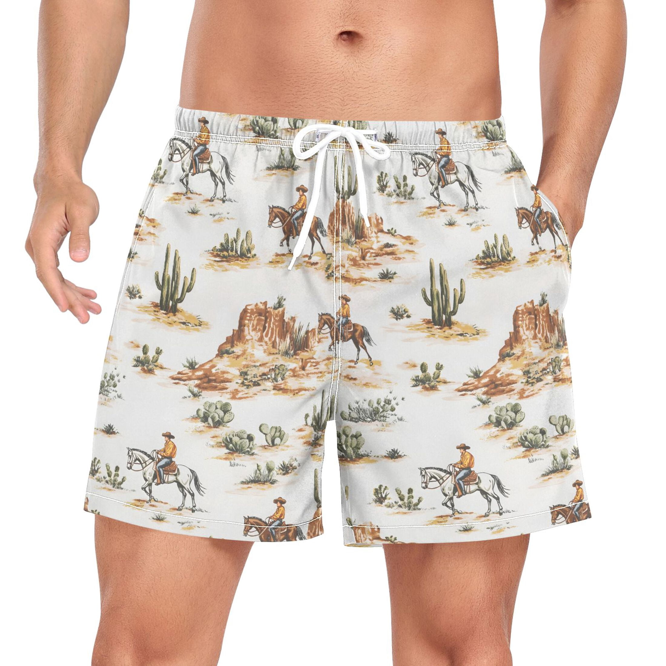 joogoo Men's Western Cowboy Horses Swim Trunks with Liner Pocket Beach Shorts M