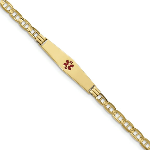 14K Medical Soft Diamond Shape Red Enamel Anchor ID Bracelet (Weight: 10.69 Grams, Length: 8 Inches)