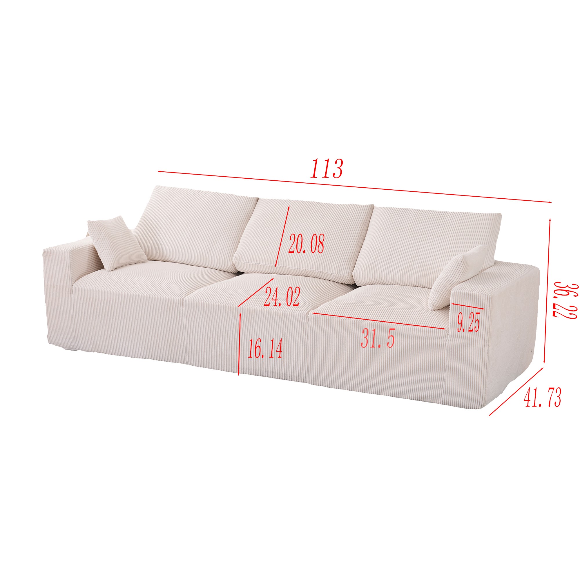 113" Modern Compression Sofa ,3-Seat Upholstered Sofa Couch,Extra-Wide Seat Cushion with Wood Frame for Living Room Bedroom,Beige