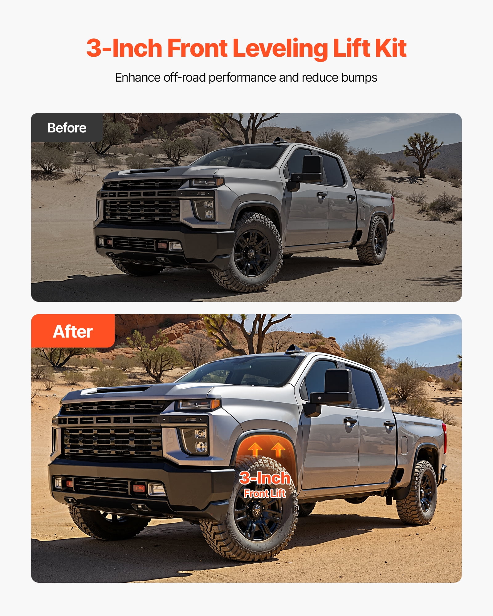 VEVOR 3 Inch Front Leveling Lift Kit for 2001-2010 Chevy Silverado/GMC Sierra 2500HD/3500HD 8-Lug, 01-07 Silverado/Sierra 1500HD,Torsion Bar Keys Suspension Level Kit with 2 Shock Extension Brackets