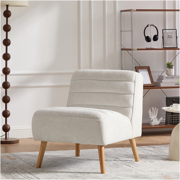 JERFIT Modern Chenille Upholstered Armless Accent Chair with Solid Wood Legs for Living Room, Bedroom, Office, Ivory