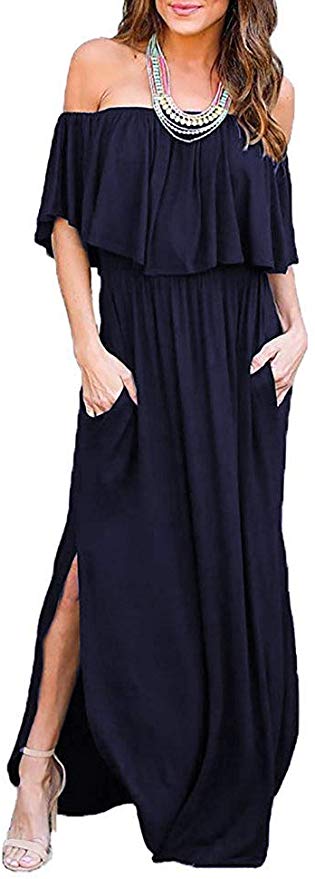 Quealent Womens Off The Shoulder Ruffle Party Dresses Casual Side Split Beach Long Maxi Dress with Pockets