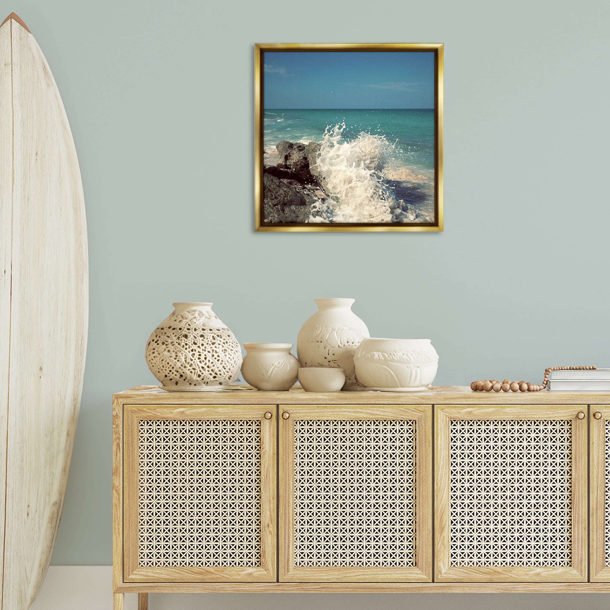 Stupell Industries Splashing Beach Spray Coastal Photography Gold Floater Framed Canvas Art Print Wall Art, 25 x 25