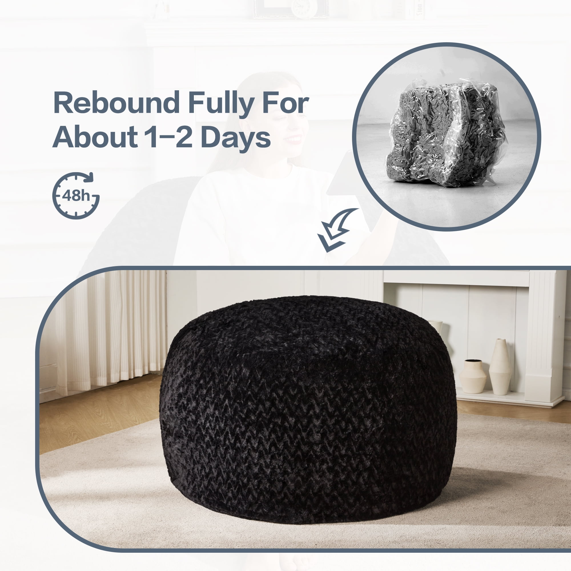 Hobestluk 3ft Bean Bag Chairs for Adults Large Beanbag Chair with Chevron Plush Fur Cover Big Bean Bag Chair for Living Room Bedroom Dorm Office - Black (36” x 36” x 22”)