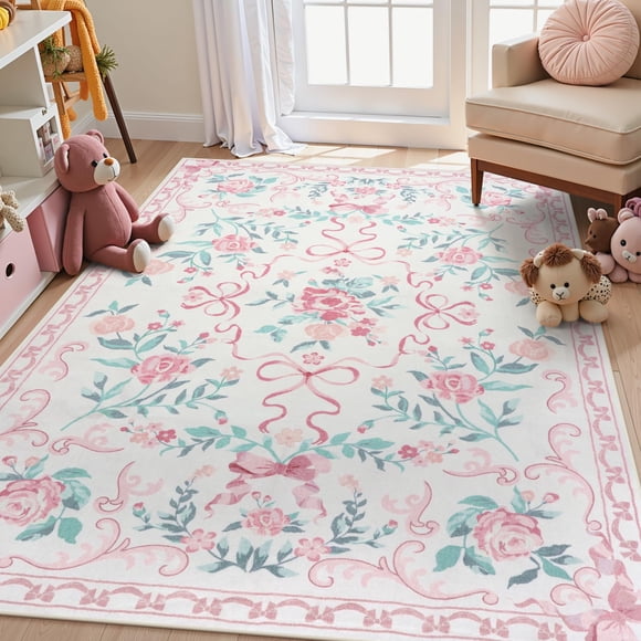 Collive Tapis Floraux Roses pour Chambre de Filles, Tapis de Nurserie 5x7 avec Nœud pour Dortoir, Tapis Lavable pour Salon, Mignon Ultra Mince Antidérapant Décor Intérieur Voiture