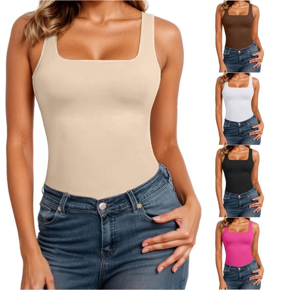 SGMVNU Women's Square Neck Tank Tops Camisole Tops Slim Fit Seamless Compression Tanks Top for Summer Layering Wear, Beige, Size L