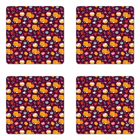 

Nursery Coaster Set of 4 Colorful Foxes Flowers Forest Herbs Leaves Plants Childish Cartoon Square Hardboard Gloss Coasters Standard Size Maroon Marigold and Pink by Ambesonne