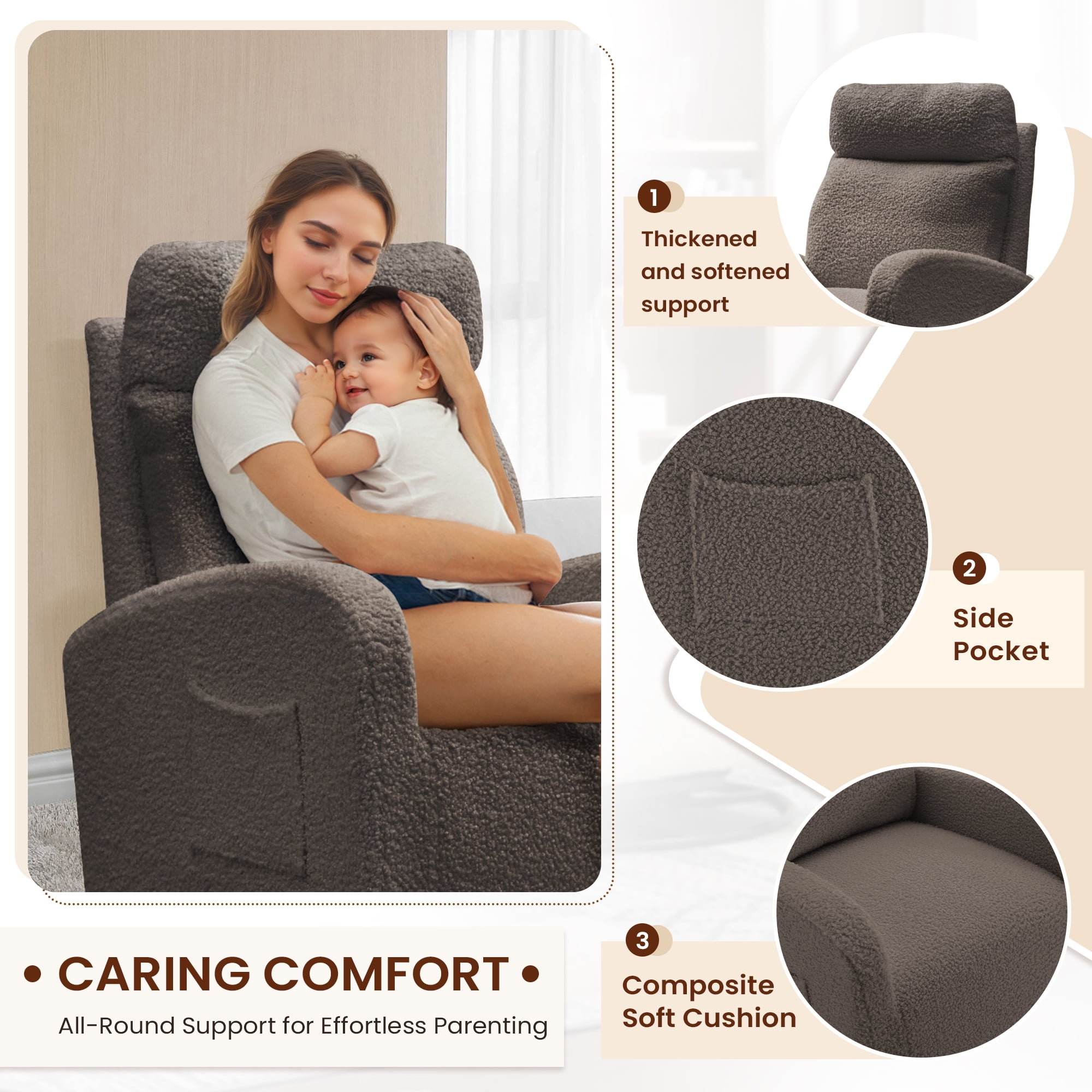 Lunale Teddy Swivel Glider Rocking Chair for Baby Nursery, Indoor, Drak Gray
