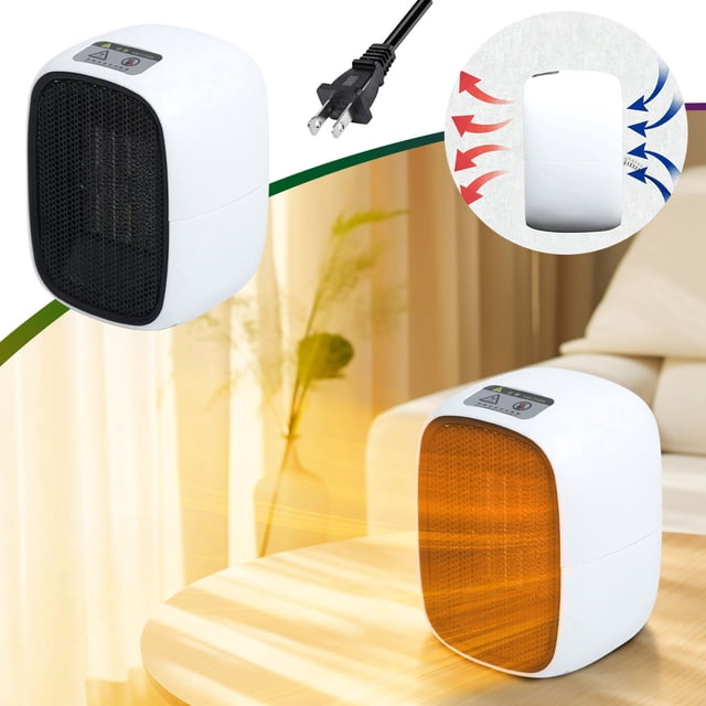 calentador solar pequeño de escritorio para oficina, portátil, fácil de transportar, sin perder calor en ningún rincón, soplador de aire caliente — calentador de escritorio blanco con carcasa curva y rejilla negra frontal; vista frontal y detalle del frente iluminado en naranja que muestra el flujo de aire caliente, controles mecánicos en la parte superior y enchufe de dos clavijas visibles; ubicado sobre escritorio en oficina o dormitorio, indicado para espacios menores a 10 m² y uso portátil como calefactor personal en mesas de trabajo.