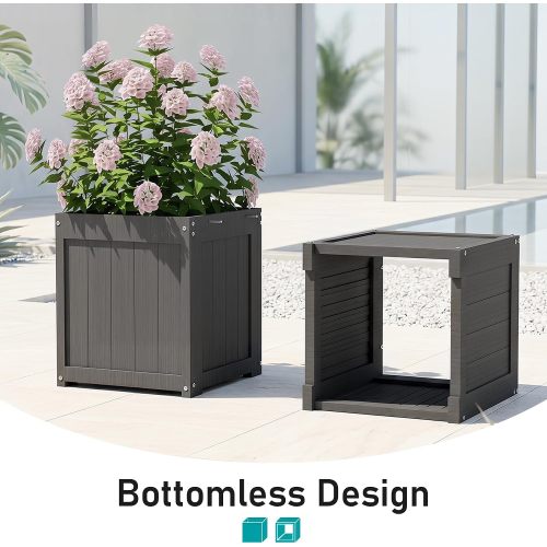 HDPE 2-in-1 Outdoor Bench with Flower Boxes, Open-Bottom Planter, Garden Patio Seating, 71 in W, Grey