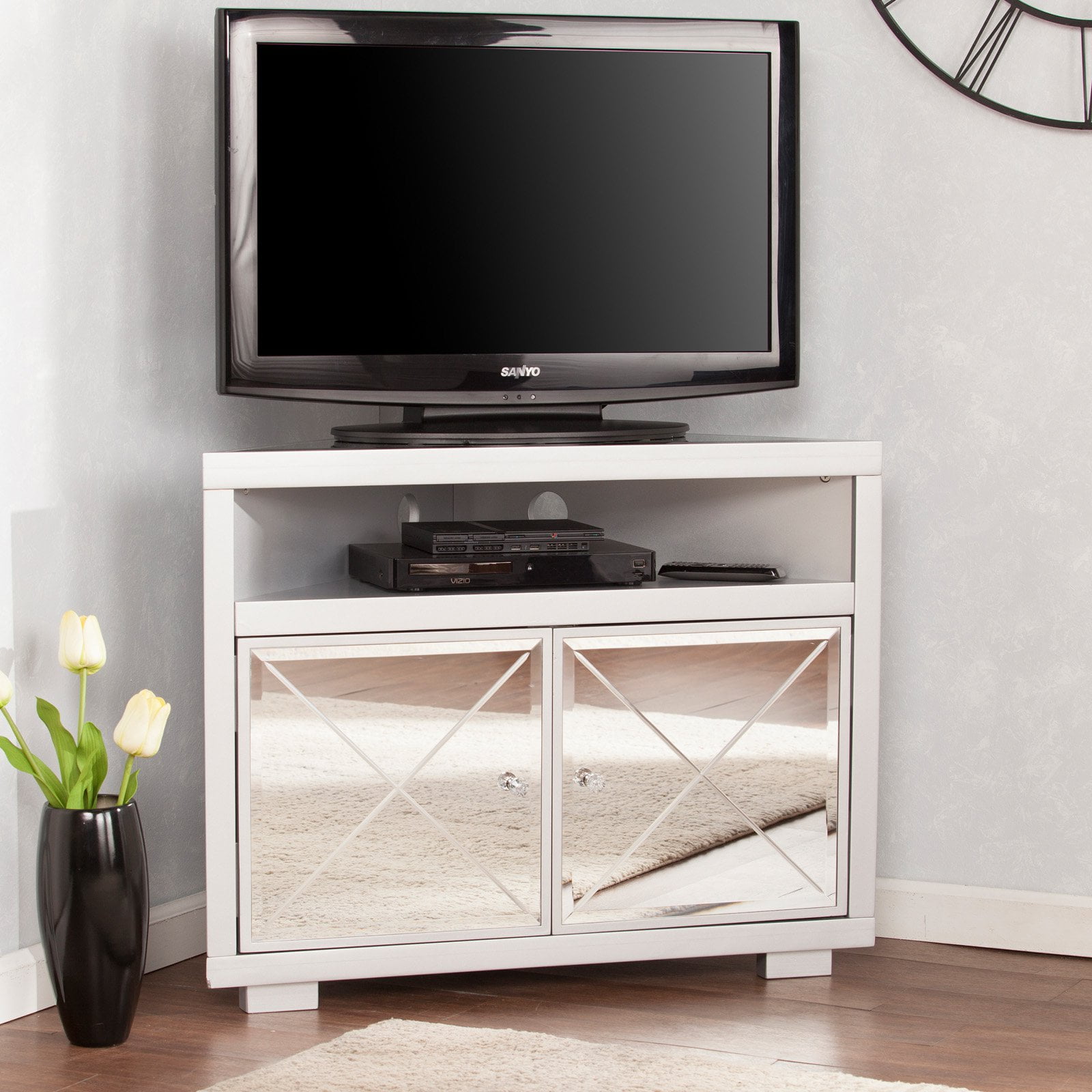 Southern Enterprises Mirage Mirrored Corner Tv Stand Com Southern Enterprises Mirage Mirrored, Mirrored Corner Tv Stands