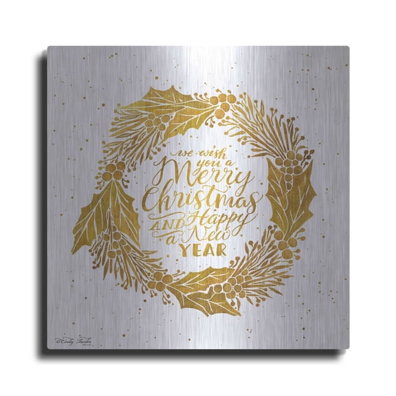 Luxe Metal Art 'Christmas and New Year Gold Wreath' by Cindy Jacobs, Metal Wall Art, 24"x24"