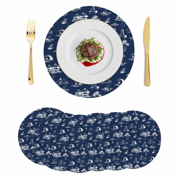 Navy Blue Nautical Round 15 Inch Placemats Set of 6, Summer Coastal Ocean Beach Coconut Trees HeatResistant Non Slip Place Mats for Dining Table, Wipeable Braided Kitchen Table Mats for Housewarming