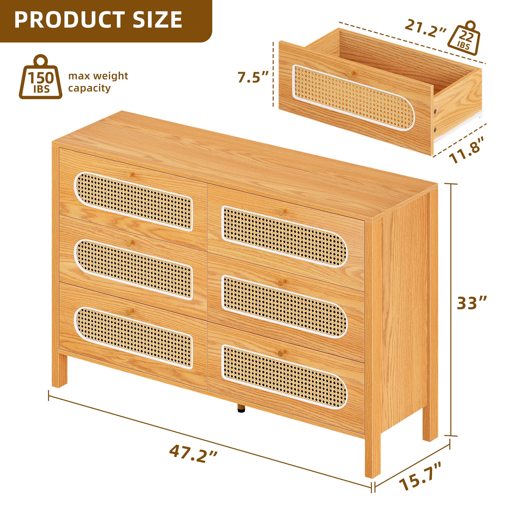 Uforic 6-Drawer Horizontal Double Dresser, Wood Chest of Drawers, Natural