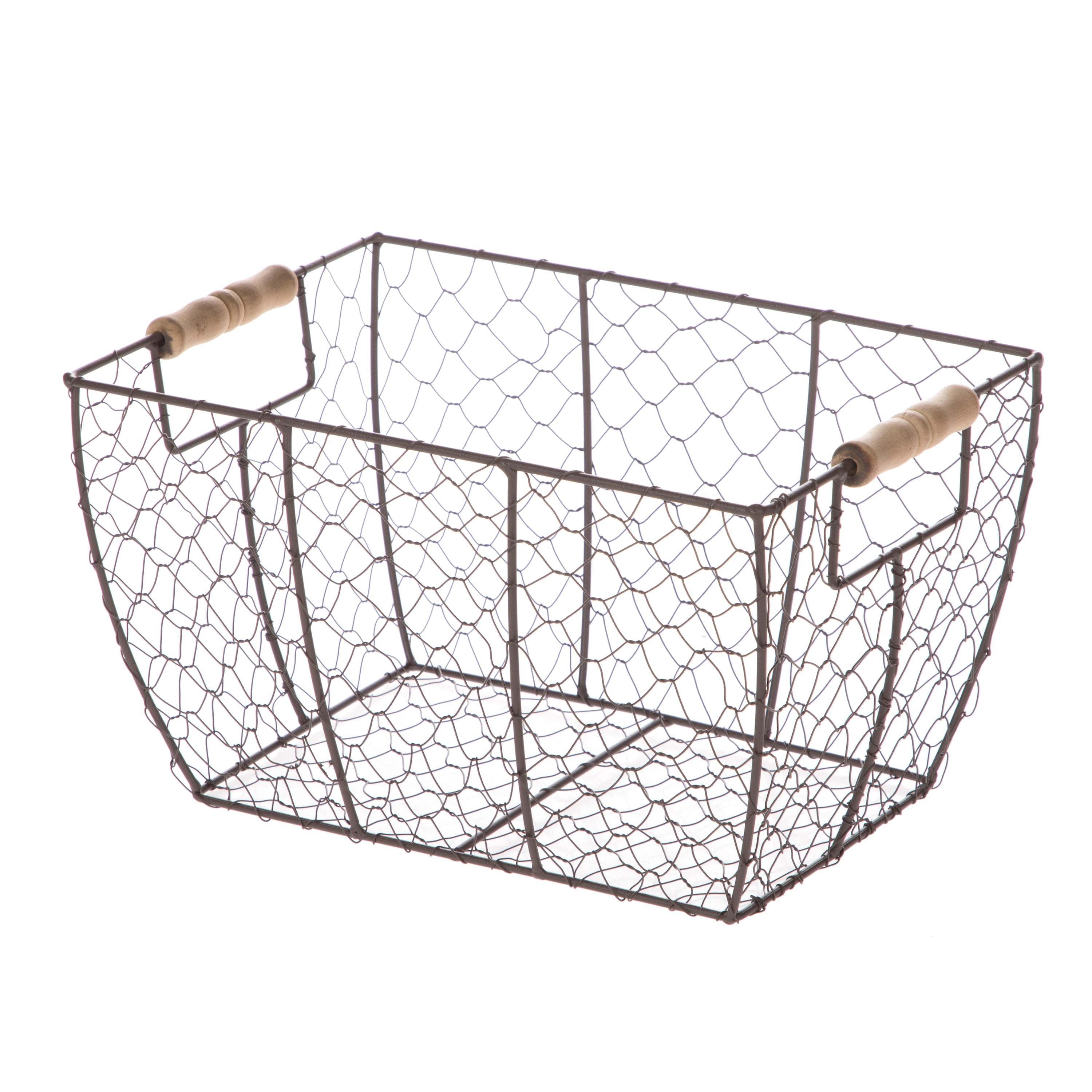 Set of 2 Square Chicken Wire Baskets With Wooden Handle Country Vintage Style 