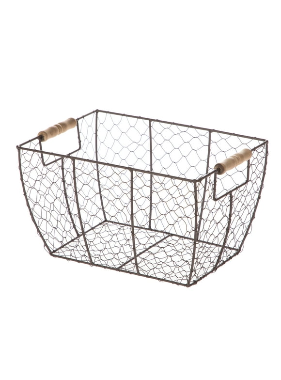 Mainstays Decorative Brown Chicken Wire Basket with Wood Handles. 12.2x8x7.28