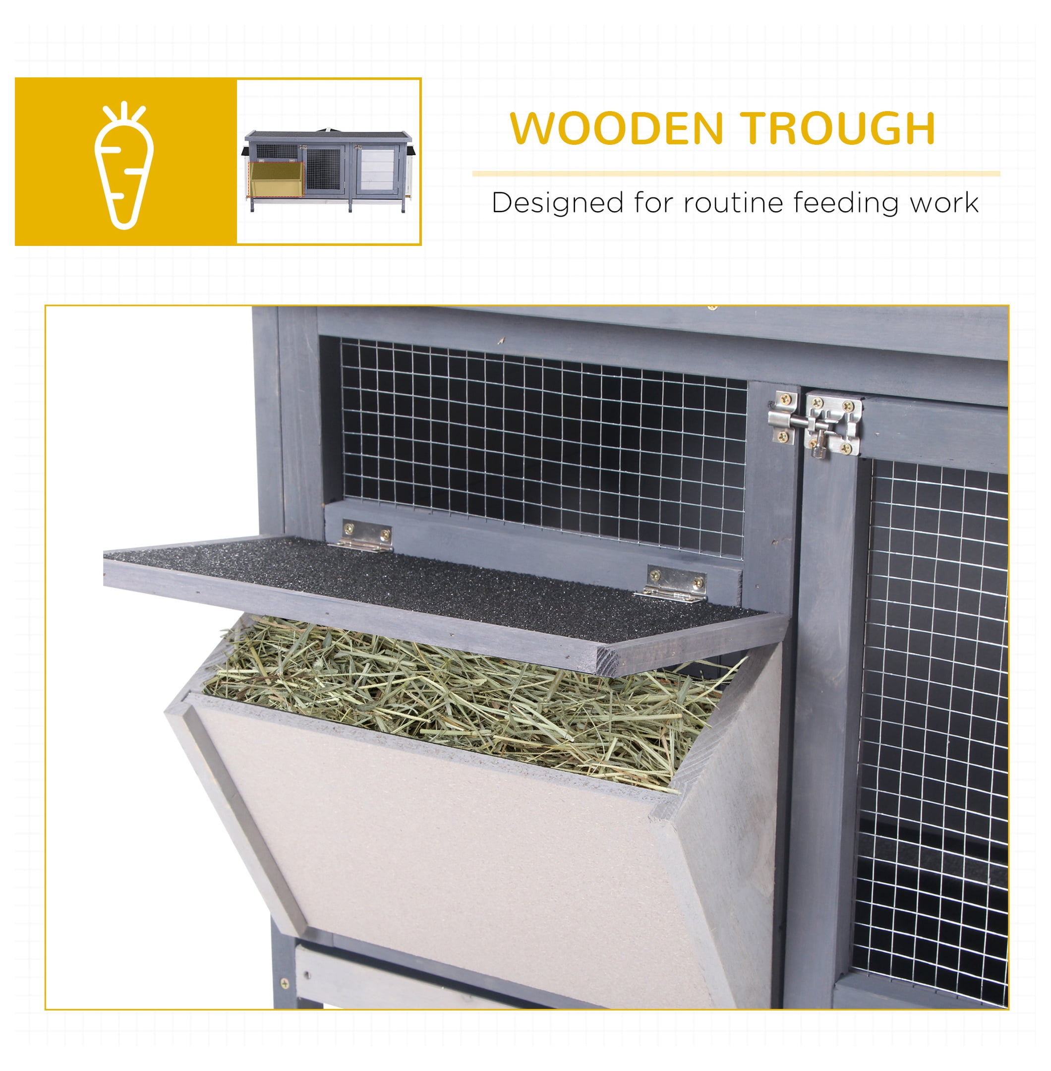 Rabbit Hutch Wooden Bunny Cage - Indoor Outdoor Guinea Pig Habitat w/ Roof & Trough - Gray