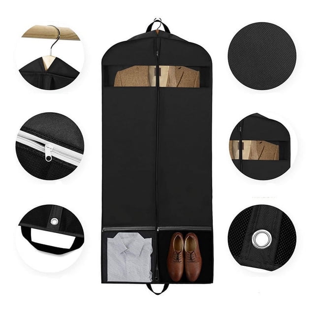 portatrajes resistente ormromra 50 pulgadas con bolsillo para vestidos y abrigos bolsa guardapolvo negra con ventana transparente para identificar ropa, hecha de PEVA grueso y cremallera firme; vista frontal centrada con asa superior, bolsillo inferior que muestra camisa y zapatos, ojales metálicos y textura del tejido, adecuada para protección contra polvo y viajes.