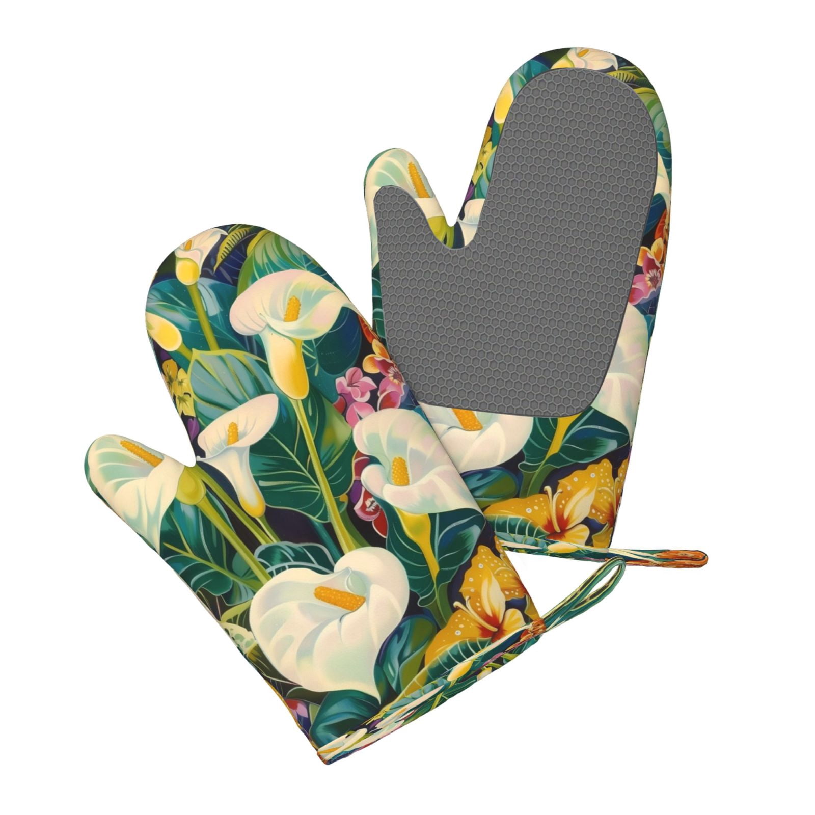 Hirioo Tropical Floral Jungle for Silicone Oven Mitts for BBQ, Baking, Cooking, Set of 2, Heat Resistant 260℃, Non-Slip Kitchen Essentials