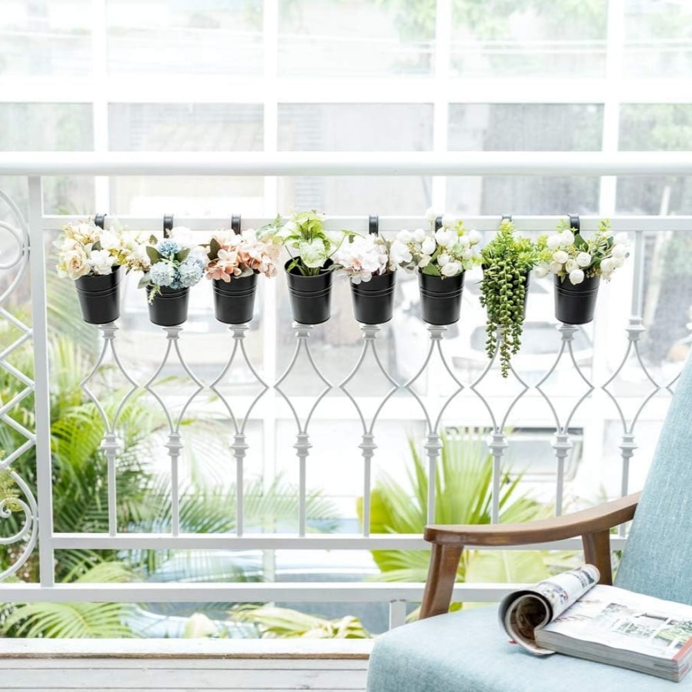8Pcs Iron Fence Hanging Flower Pots,Metal Railing Planters,Garden Plants Planter Box,Tin Bucket Flower Holder,for Indoor Outdoor Home Office Decoration 4Inch-Black