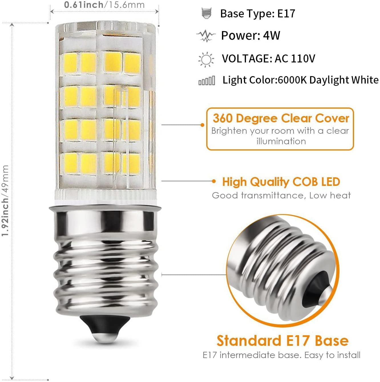 4W Daylight White 6000K, 40W Halogen Bulb Equivalent Pack of 2 ziyidianzhi Ceramic E17 LED Bulb for Microwave Oven Appliance 
