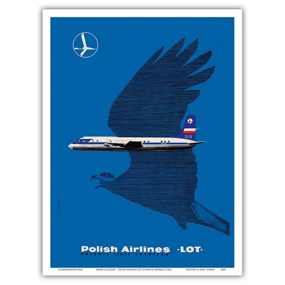 Crane in Flight - Polish Airlines LOT - Vintage Airline Travel Poster by Maciej Hübner c.1961 - Master Art Print (Unframed) 9in x 12in