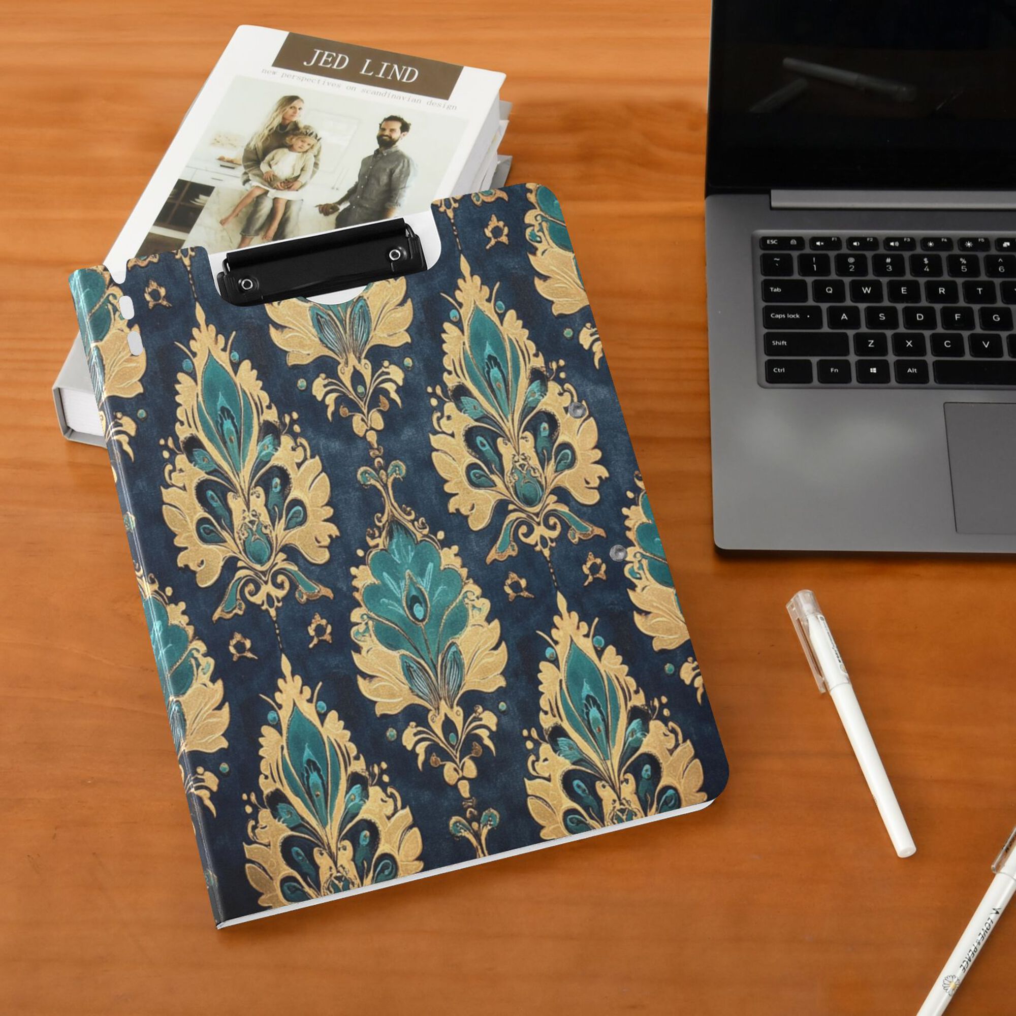FORMRS A4 Clipboard Folder with Pen Holder Horizontal Foldable School Office Binder, Green Peacock Pattern
