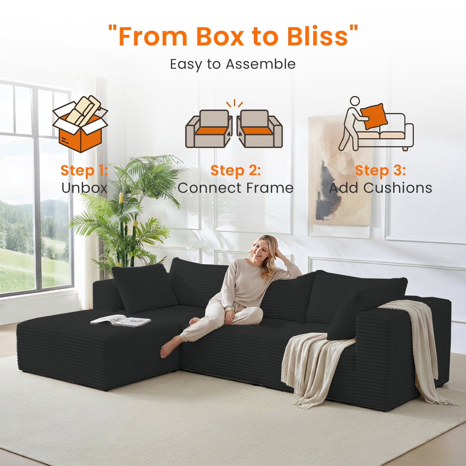 ZAFLY 110" Cloud Sectional Sofa, Modular Corduroy Deep Seat Couch, L Shaped Couches for Living Room - Black