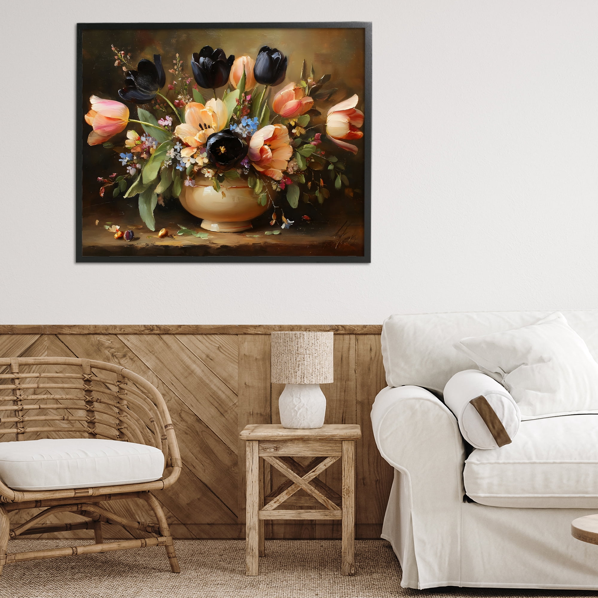 Stupell Industries Black Tulips & Peach Bouquet Black Framed Giclee Art, design by Franklyn Gregory