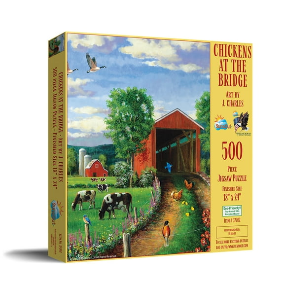 SUNSOUT INC - Chickens At the Bridge - 500 pc Jigsaw Puzzle by Artist: J. Charles - Finished Size 18" x 24" - MPN# 37202