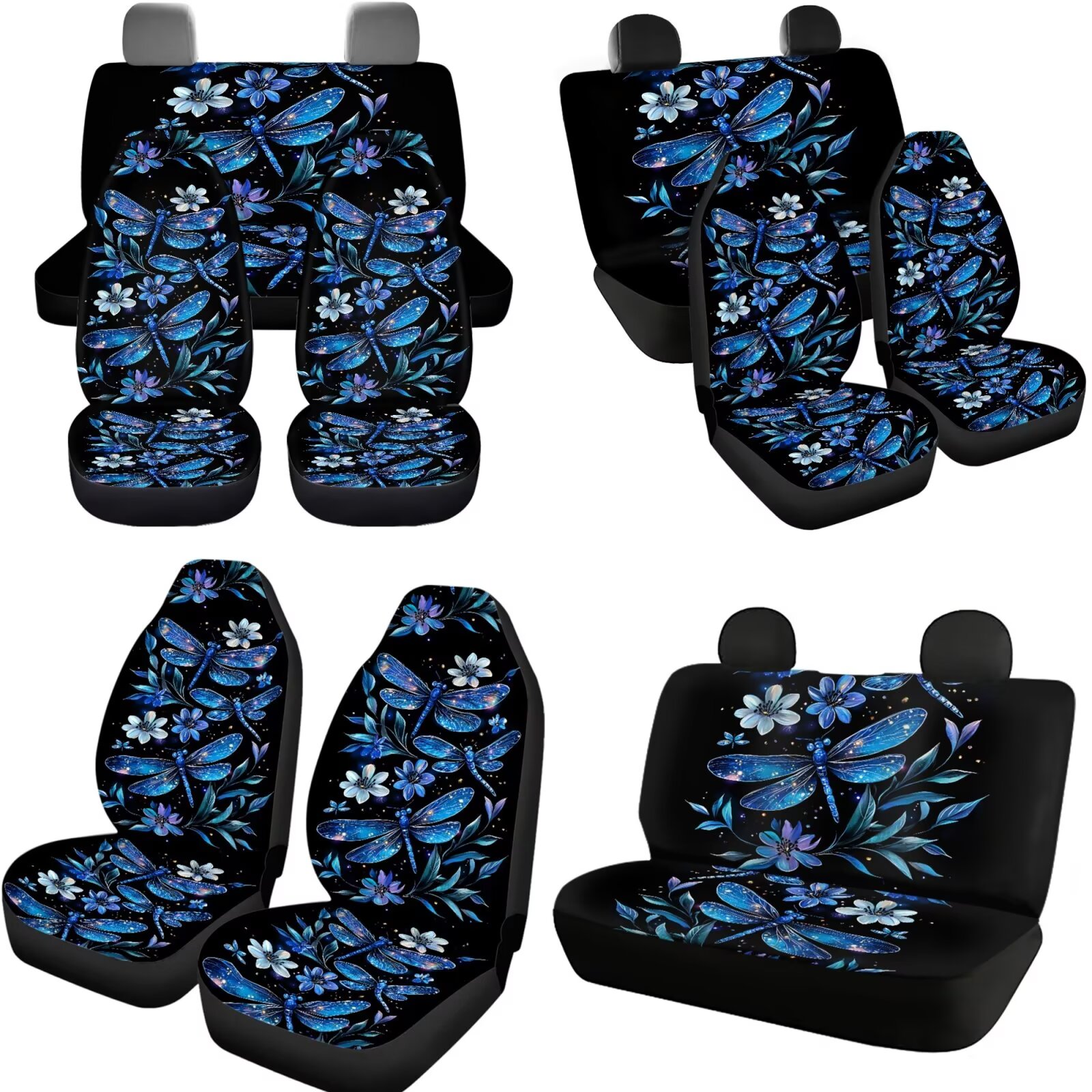 Garronmavis Blue Dragonfly Print 11 Pack Car Seat Covers Full Set Easy to Install and Clean with Cars Headrest Protectors+Wristlet Keychain+Auto Cup Coaster+Handbrake Gear+Shift Knob Cover