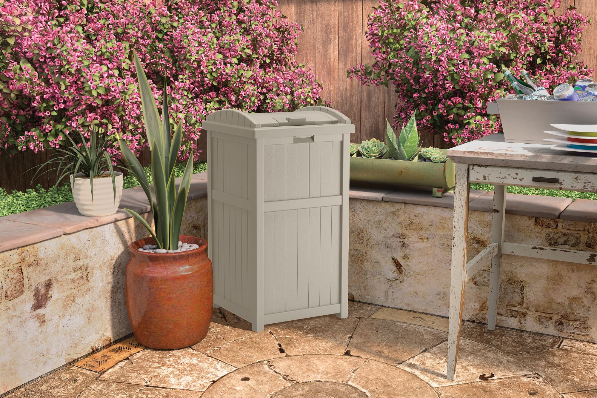 Suncast Resin Hideaway Outdoor Trash Can with Latching Lid, Taupe