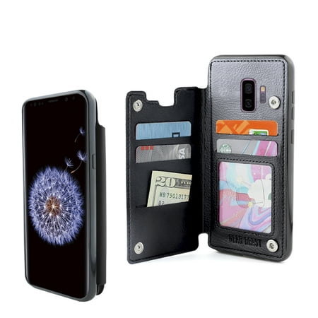 Gear Beast Galaxy S9 Plus Wallet Case, TopView Secure Flip Folio Case w/ RFID Protection for Samsung Phone Slim Cover with 3 Card Holder Slots, Transparent ID Holder and Cash Pocket (The Best Reverse Phone Number Lookup)