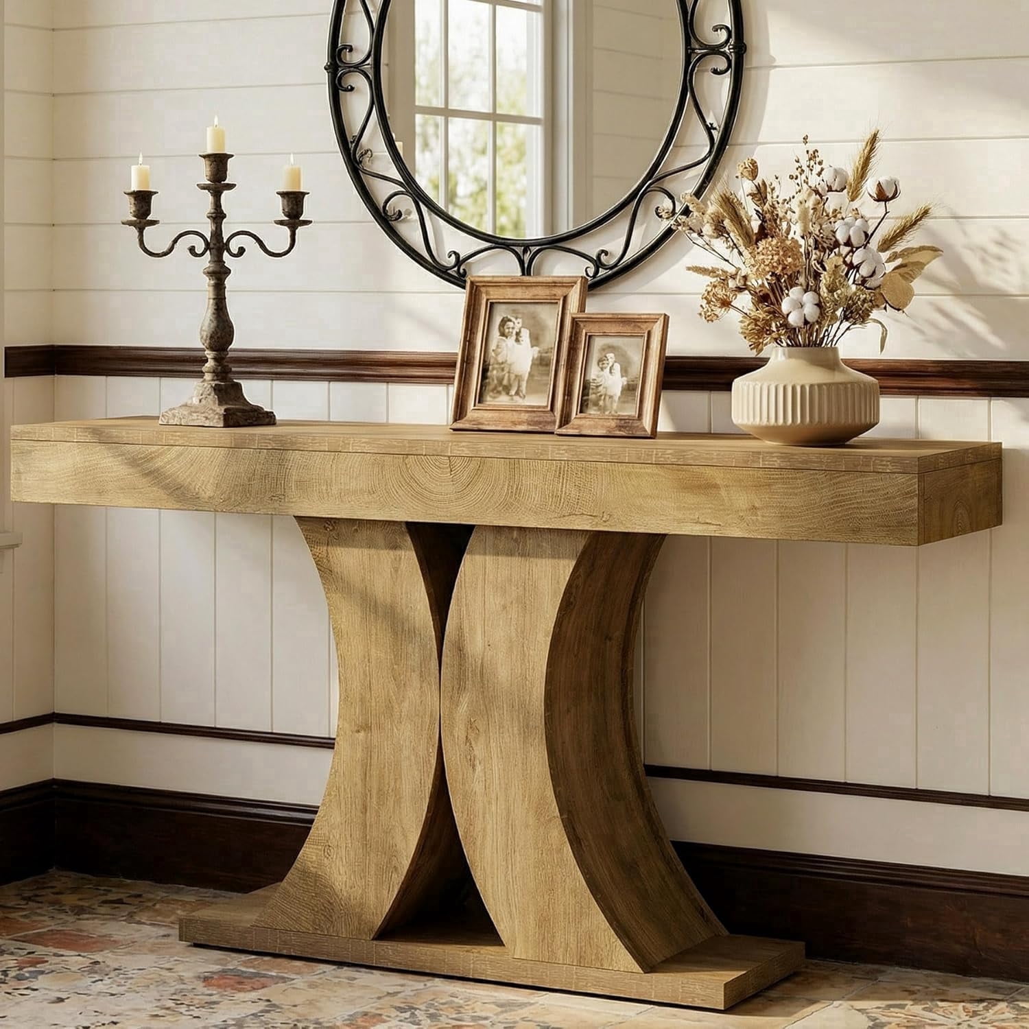 Finmind Wooden Console Table, Farmhouse Narrow Sofa Entryway Table Behind the Couch, 59" Modern Accent Furniture for Living Room, Hallway, Entrance, Foyer, Natural Brown